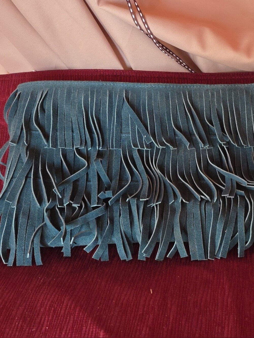 BOHO Fringed Suede Leather Wristlet Clutch - Teal